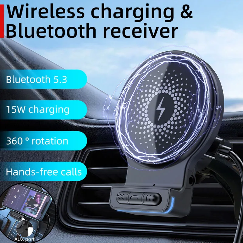 Car Phone Holder Auto Air Vent  Powerful Hook Car Magnetic Wireless Charger with AUX Port For iPhone 15 Xiaomi Samsung