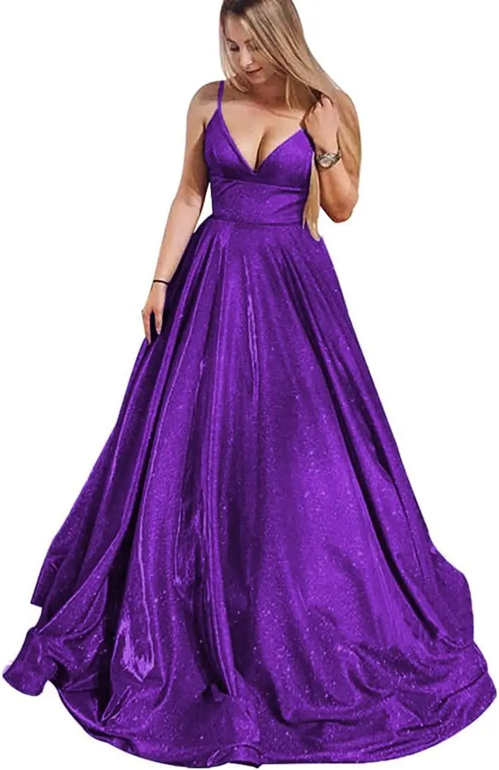 

Women's Glitter Prom Dresses 2025 Long Sparkly Plunging V Neck Formal Ball Gown with Pockets Evening Dresses Party Dresses