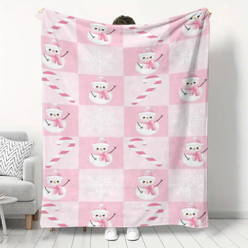 Cute Xmas Throw Blanket Snowman Candy Cane Snowflake Checkered Print Soft Flannel for Kids Room Sofa Lap Holiday Decor Gift