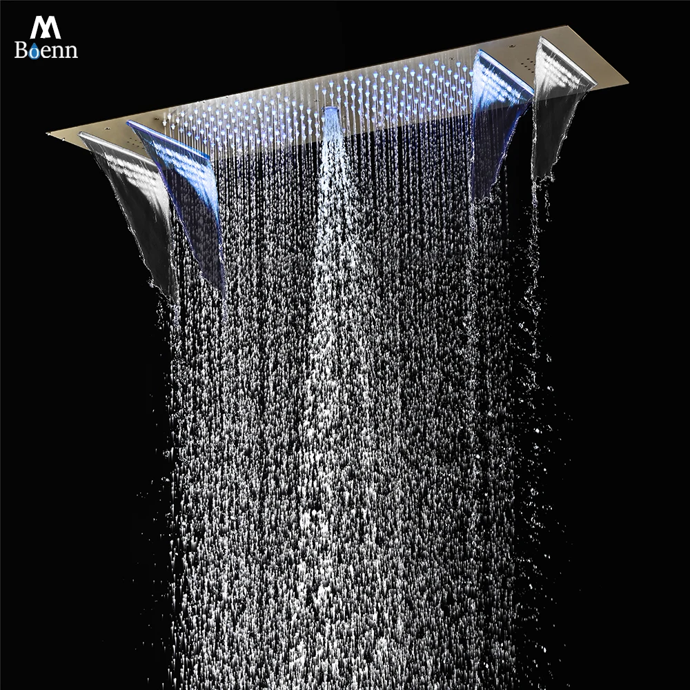 M Boenn Large Bar Shape 35*12 Inch LED Music Shower Head Bathroom Shower System Embedded Ceiling Showers Panel Stainless Steel