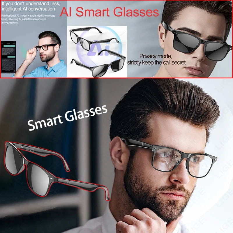 LIGE With Speaker UV Protection Sunglasses Smart Glasses 163 Languages AI Automatic Dialogue Translation Bluetooth Call Glasses
