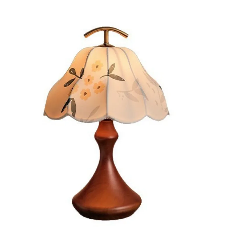 Retro solid wood desk lamp Bedroom bedside warm and romantic small yellow flower fabric lamp