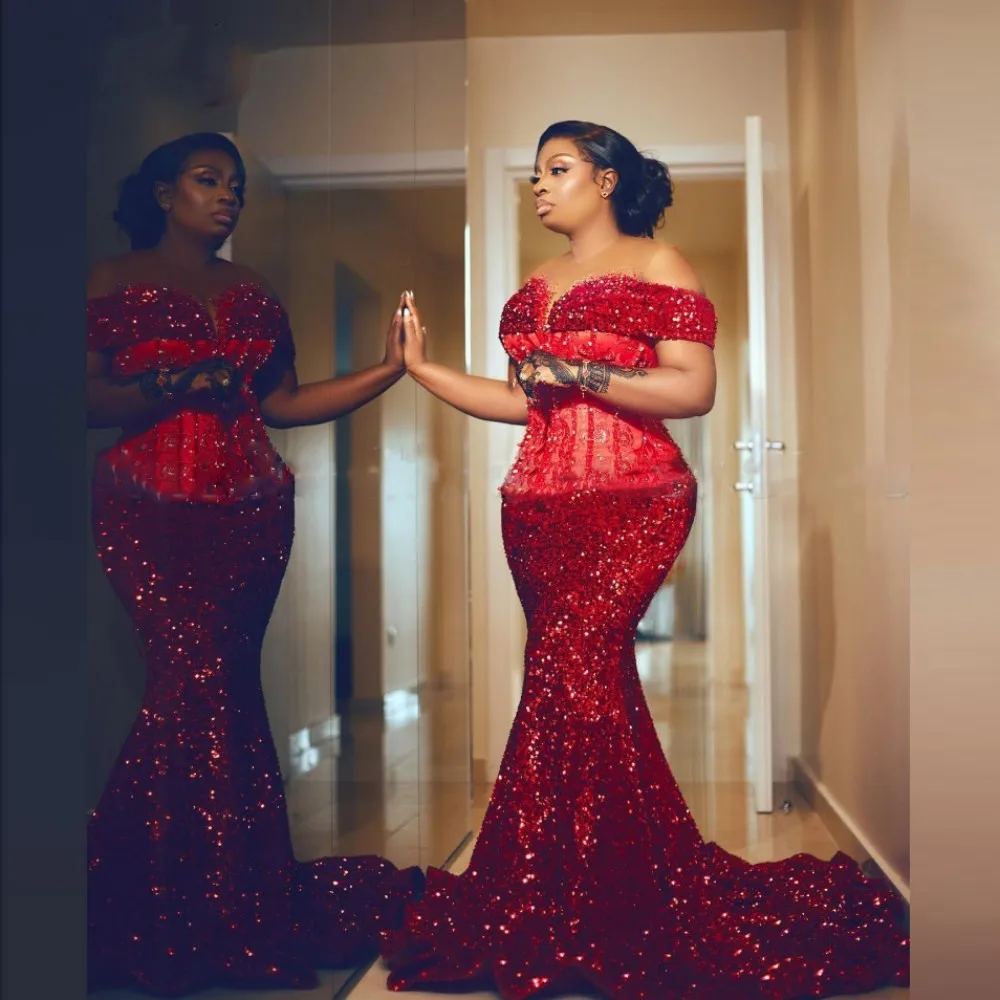 

Aso Ebi Red Sequined Prom Dresses Sheer Neck Glitter Off The Shoulder Mermaid Evening Gowns African Women Formal Robes De Soirée