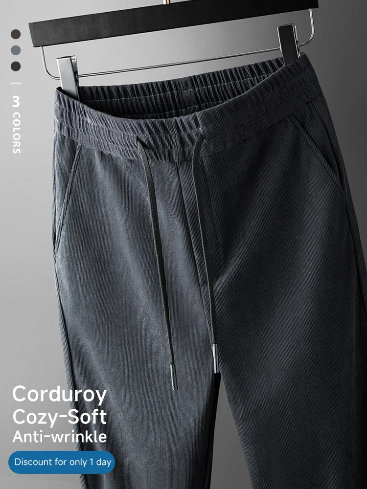 

Осень-зима, классические мужские вельветовые брюки с эластичной резинкой на талии, деловые брюки на молнии с карманами для бега, рабочие серые повседневные брюки, мужские большие размеры