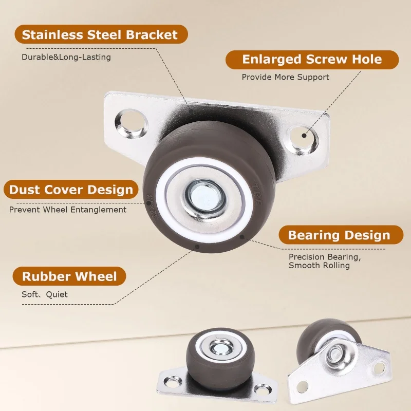 4/16 قطعة عجلات تثبيت جانبية صغيرة، عجلات أثاث مطاطية صامتة، عجلات عربات توجيهية لخزائن المطبخ بأدراج العربة