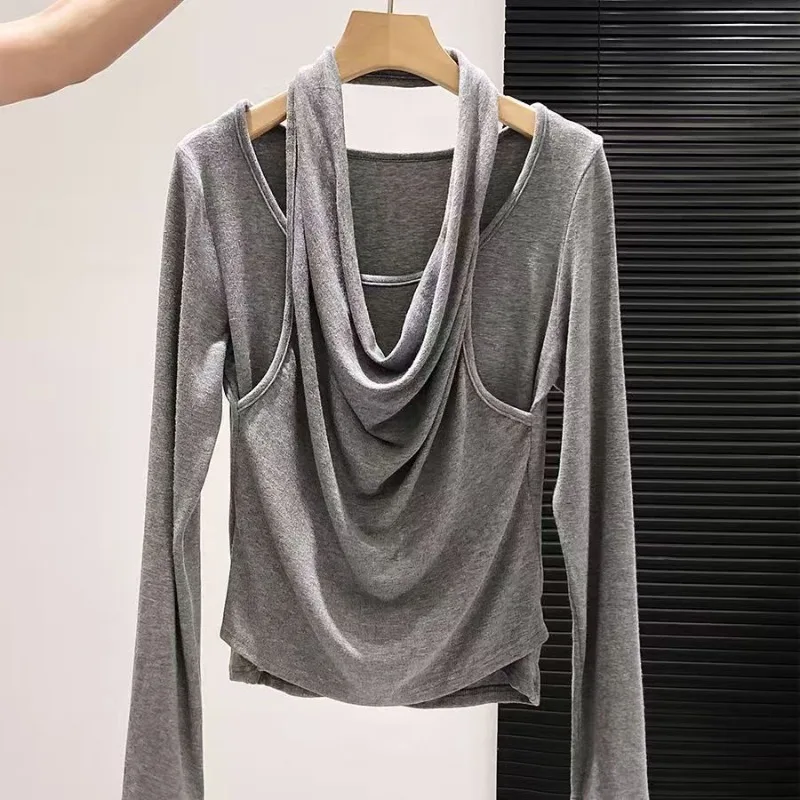 

French Subculture Design Fake Two T-shirts Harajuku Halter Long-sleeve Tshirt Autumn Slim Tops Women's Simple All Match Tees