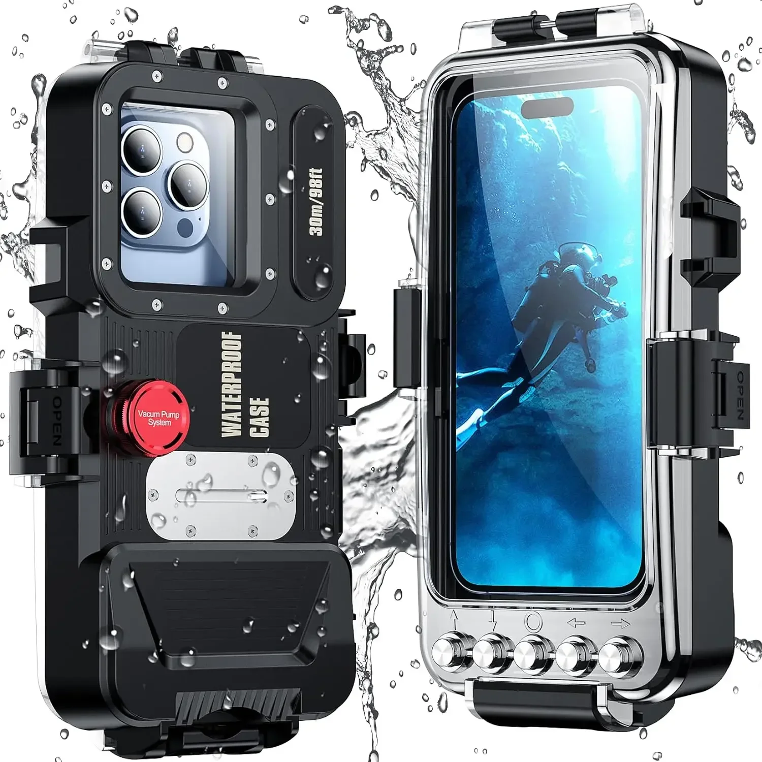 IPX8 30M Bluetooth Diving Underwater Waterproof Case for iPhone 16 Pro 15 14 13 12 11 Samsung S24 Ultra S23 S22 S21 Note20 Cover