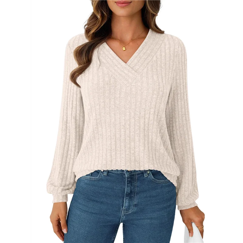 

A83F-Рубашки с длинными рукавами для женщин, повседневные осенние топы с v-образным вырезом, свободный крой, легкие свитера, туника, модная одежда