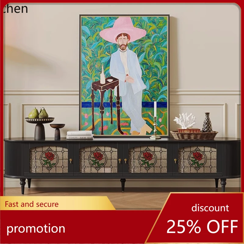 HXL retro style cherry wood all solid wood TV cabinet household hand painted glass TV cabinet
