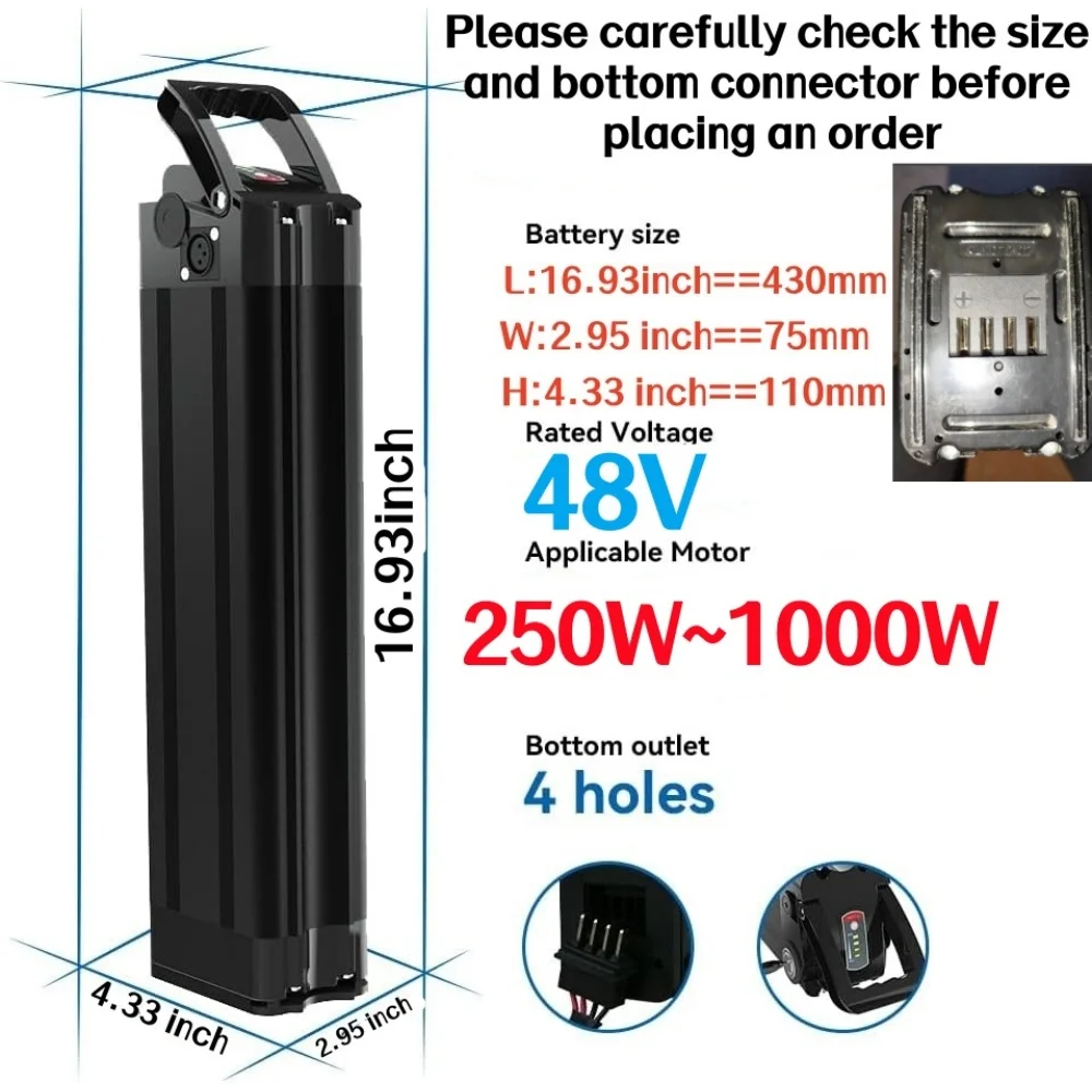

48V lithium battery 15Ah/17Ah/20Ah Silver Fish replacement battery compatible with eight sided 250W~1000W Folding bike motors.