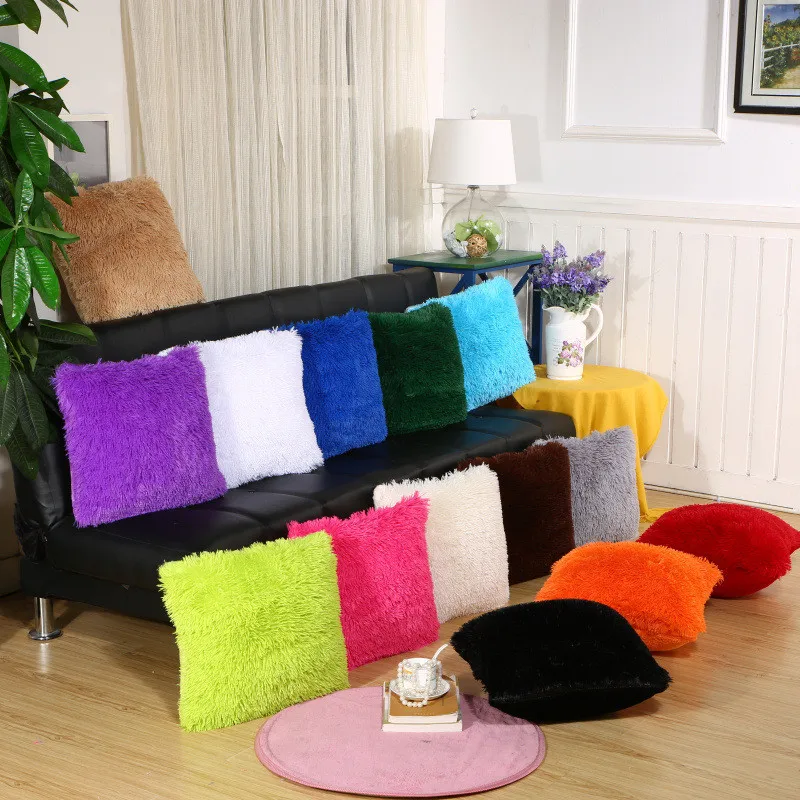 

43x43cm Long Plush Solid Color Soft Cushion Cover Square Sofa Chair Seat Throw Pillowcase Home Winter Decoration