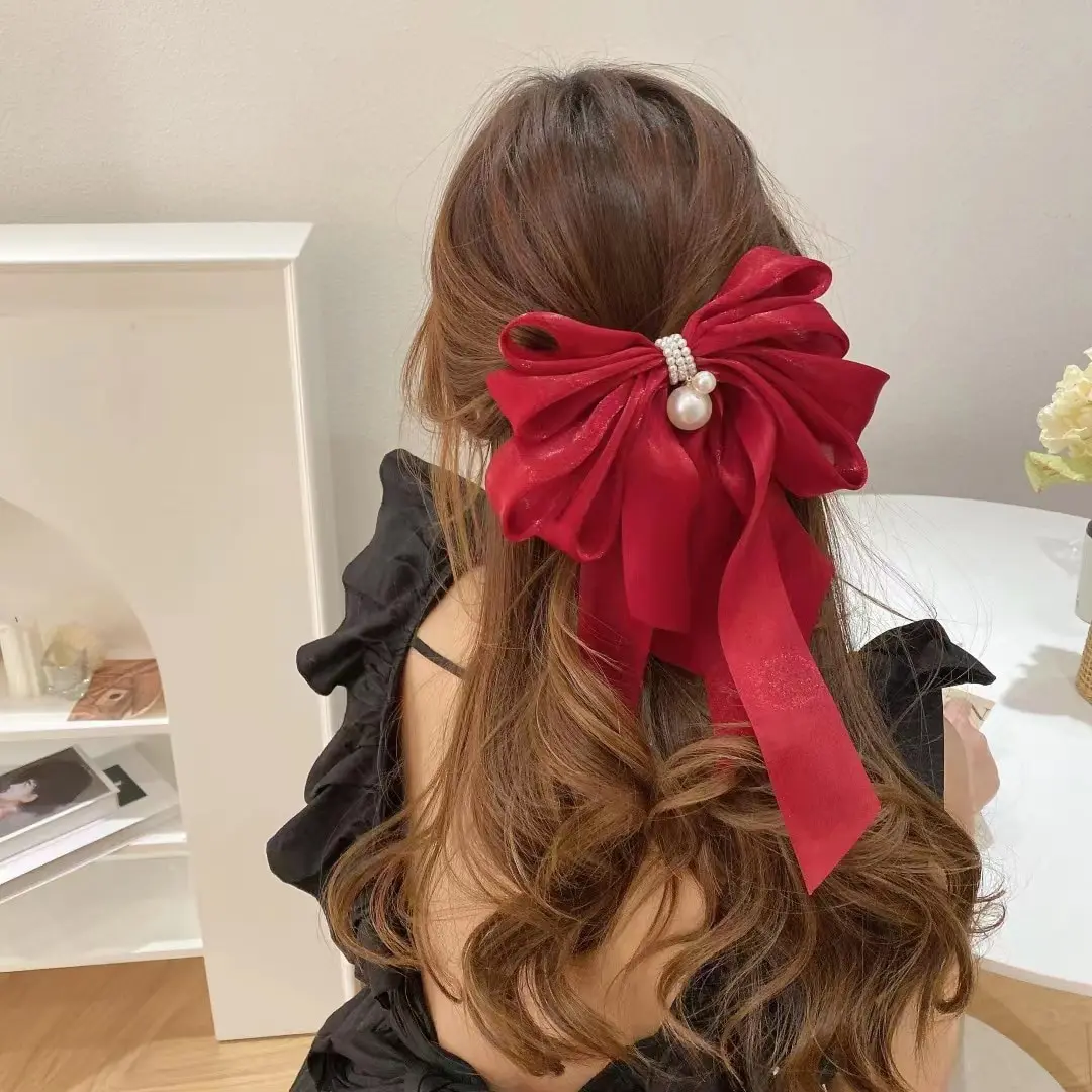 Summer New Pearl Pendant Big Organza Bow Hair Clip Fashion Hair Accessory Womens Large Ribbon Bow Hairpin Head Back Top Clip