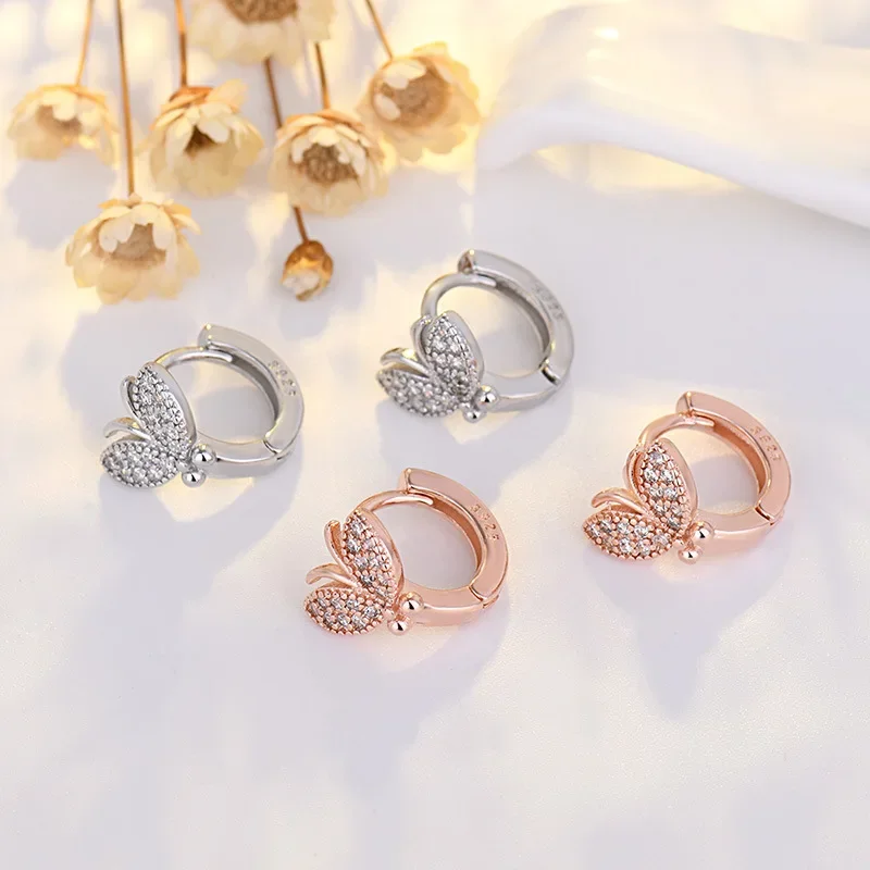 New Butterfly Hoop Earrings For Women Shiny CZ Gold Color 925 Silver Needle Jewelry With Stamp For Gifts