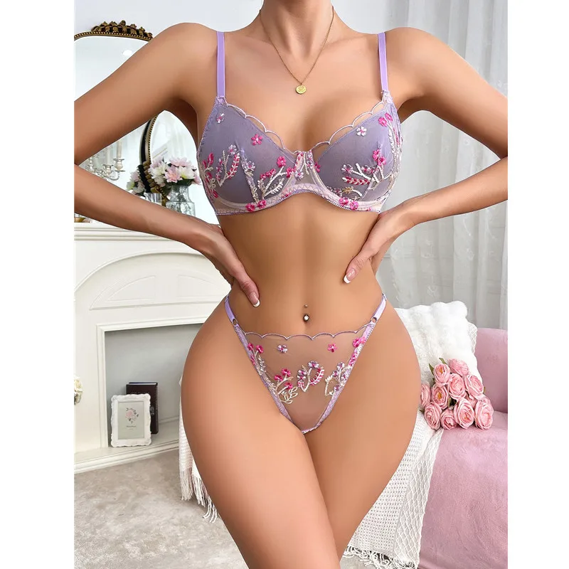 Sexual Women Lingerie Push Up Bra Floral Embroidery Purple See Through Intimate Two Pieces Transparent Panties Lace Underwear