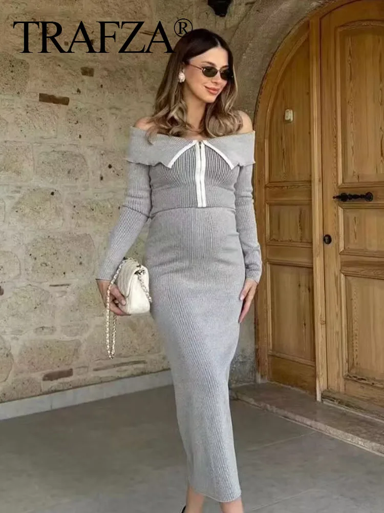 

TRAFZA Spring Suits Woman Trendy Grey Turn-Down Collar Long Sleeves Zipper Cardigan+ High Waist Slim Elegant Long Skirts