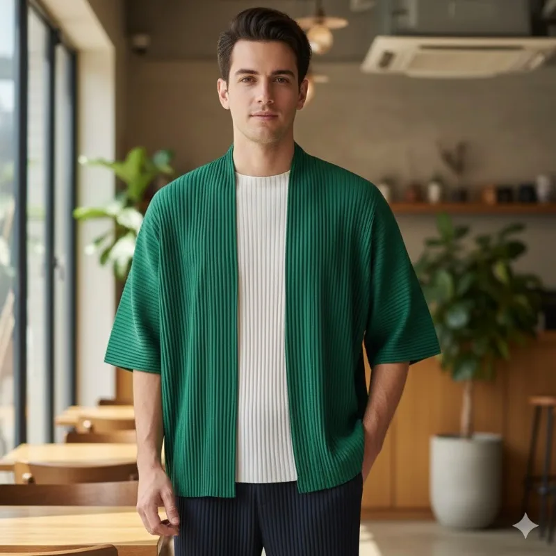 

Miyake Pleated Plisse Jacket 2026 Short-sleeved Do-rag Mens Spring Fall New Season Loose Plus Size Five-minute Sleeve Jacket