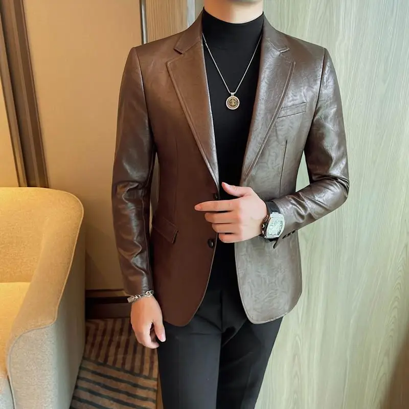 British Style Solid Color Leather Jacket Men Fashion Slim Fit Casual Suit Jacket Business Social Wedding Dress Blazer Masculino