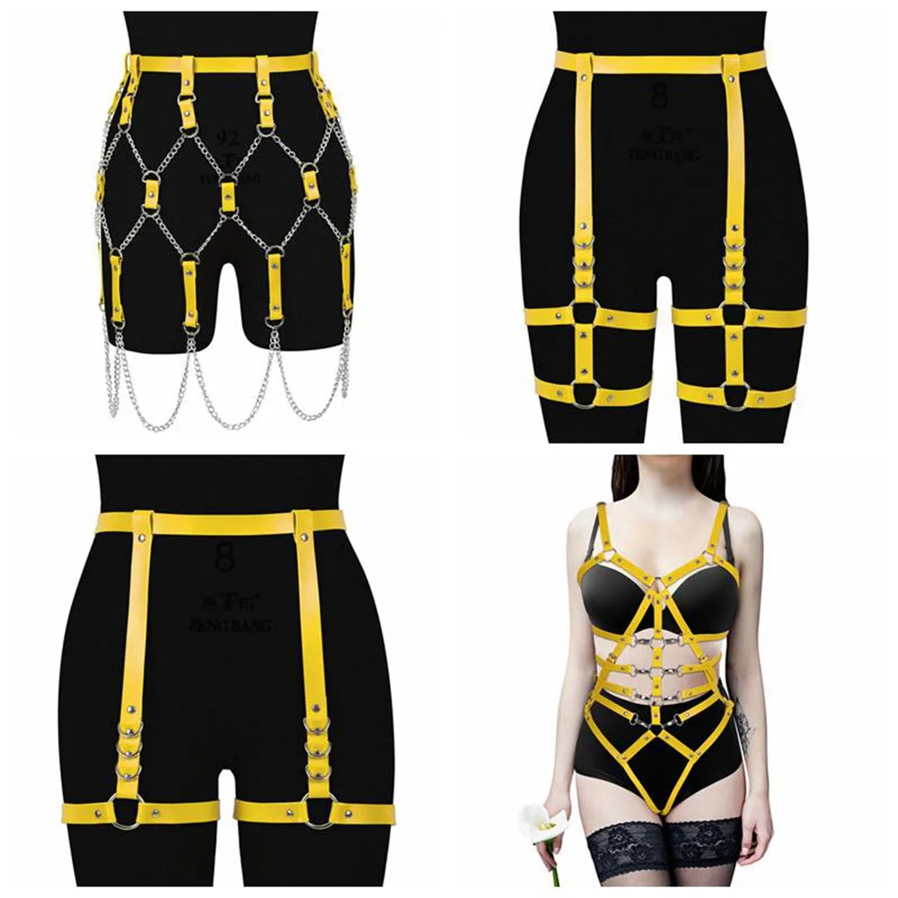 Women Yellow Leather Harness Garter Belt Harness Belts Stockings Erotic Underwear Sexy Lingerie Bondage Strap Lady Suspender