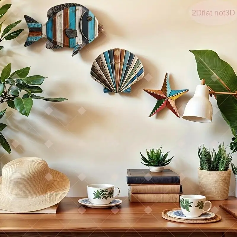 Sea Fish  Starfish Wooden Wall Decor Set Colorful Art for Coastal Living Room Nursery