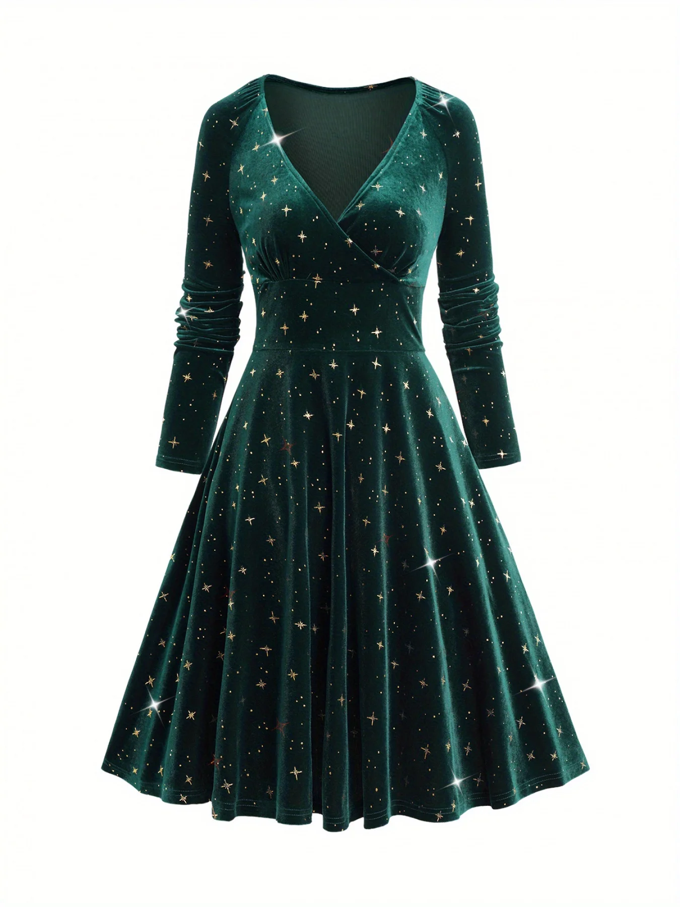 European and American fashion women\'s dress decorated with star print wrapped in elastic shoulder velvet long sleeve dress