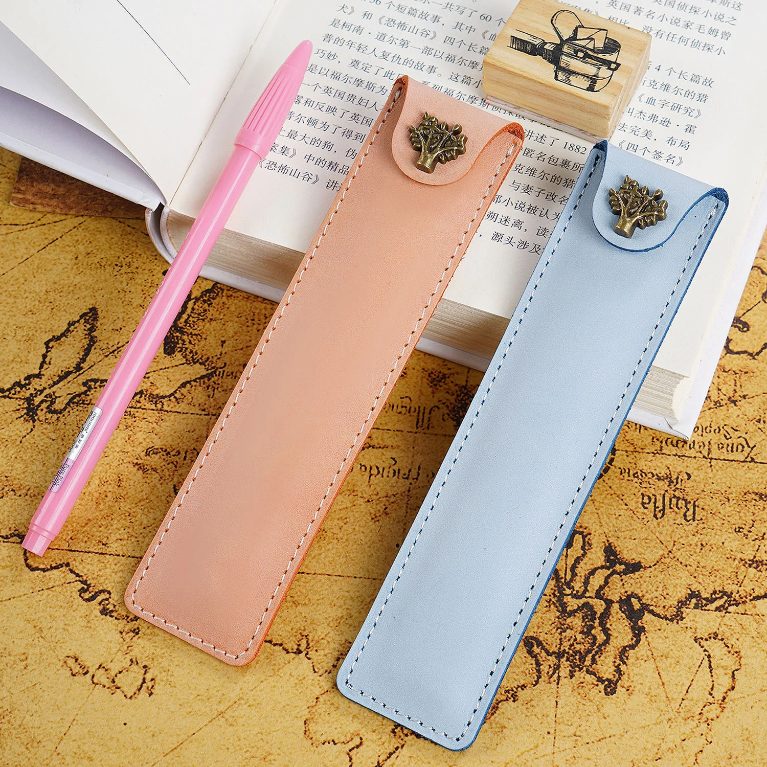 Crazy Horse Leather Pencil Case, Single Pen Sleeve Cowhide Pen Pouch with Snap Button, Fountain Pen Office School Gift Set Daily
