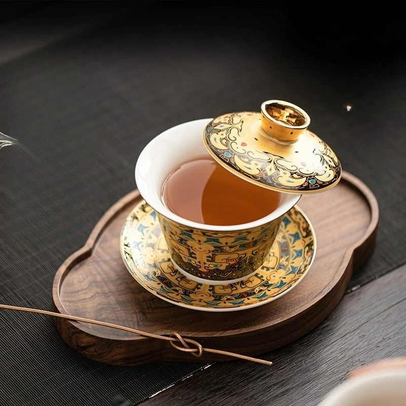 Chinese Tangka Rotatable Tea Tureen Gold Silver Mixed Gaiwan Zen Sheep Fat Jade Hovering Lid Teacup Kungfu Teaware Gifts Box