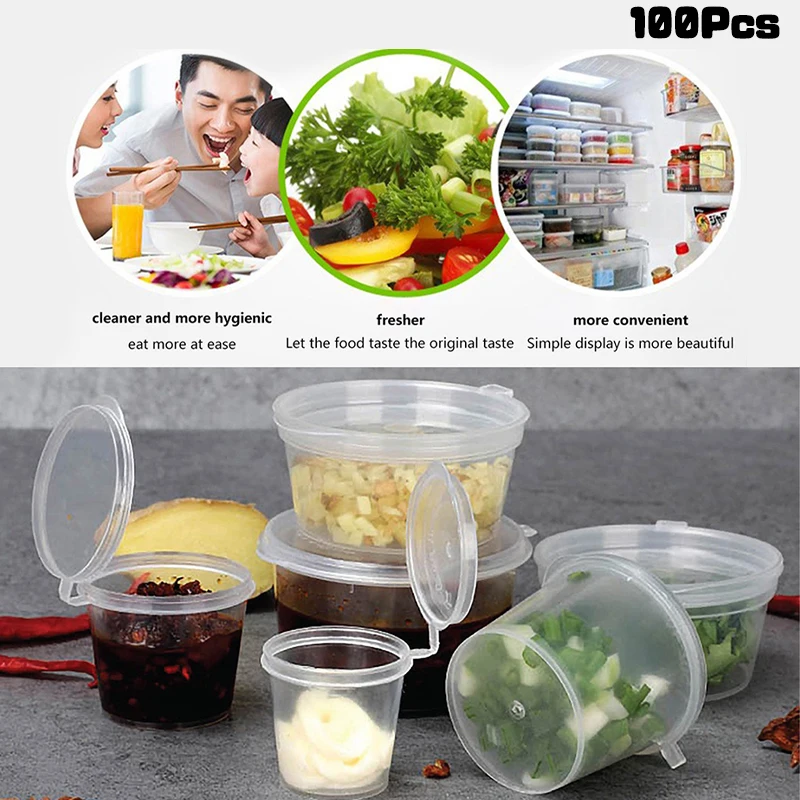 100Pcs Mini Plastic Packing Box 20-40ML Disposable Sauce Cup Round Clear Food Condiments Storage Container Box Kitchen Organizer