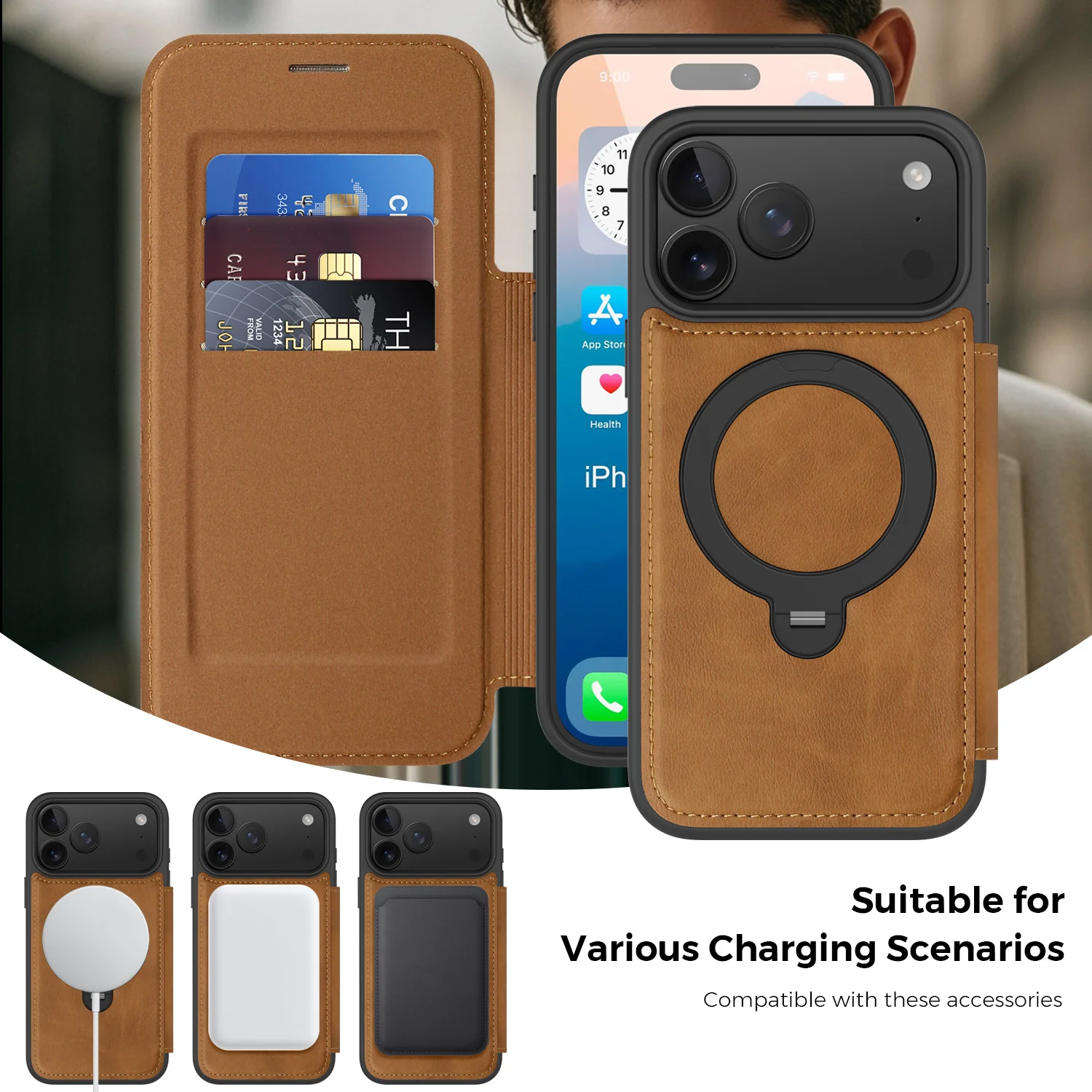 Luxury Magnetic Wireless Charging Phone Case For iPhone 17 16 15 14 13 12 Pro max Ring Folding Stand Leather Card Holder Cover - Image 3