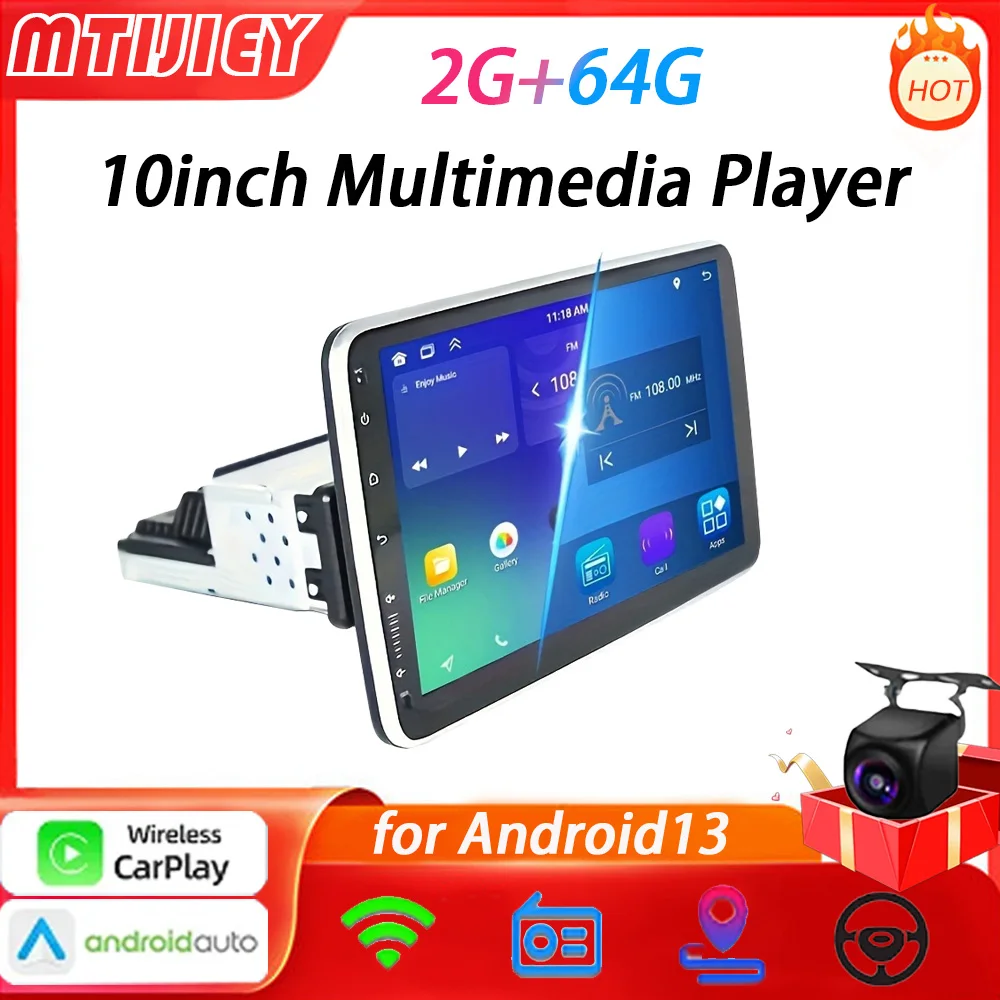 

MTIJIEY 2G+64G Android13 1din Car Radio 10''autoradio Carplay Rotatable Screen Bluetooth FM Radio Receiver GPS Navigation