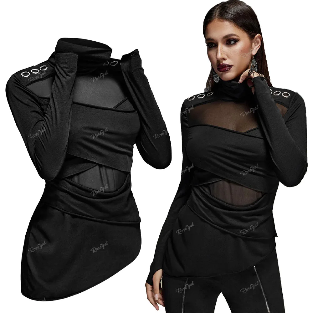 

ROSEGAL Plus Size Gothic T-shirts Black Turtleneck Mesh Panel Asymmetrical Ruched Tops Women Spring Autumn Long Sleeve Blouses