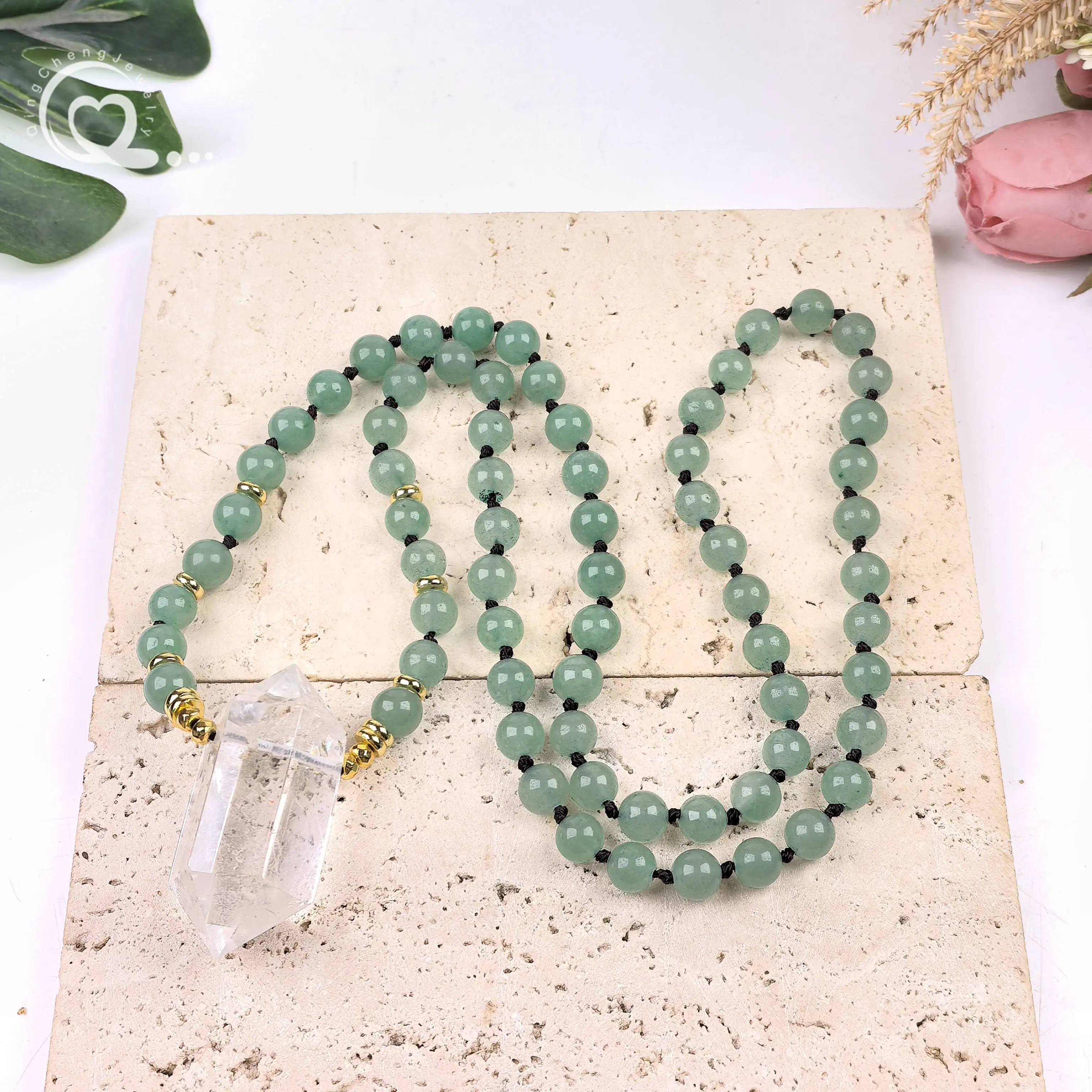 

Aventurine 8mm Round Mala Beads Prayer Necklace Crystal Double Point Pendants Handmade Knot Yoga Meditation Women Jewelry,QC0199