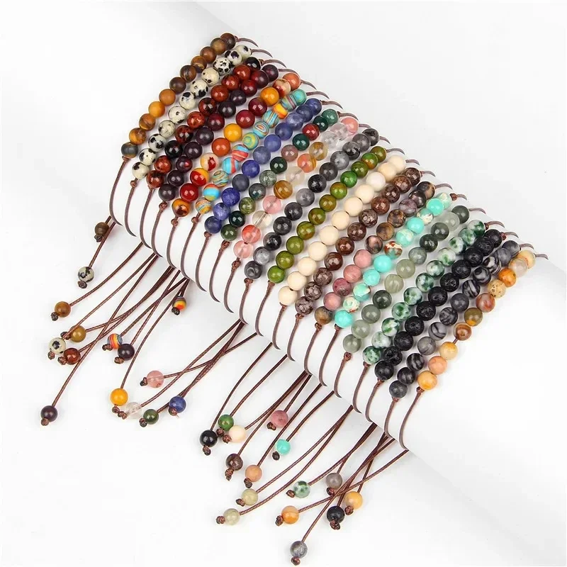 

20pcs 4mm Natural Stone Beads Jewelry Handmade Woven Quartz Brown Rope Wristband Bangles for Women Gifts