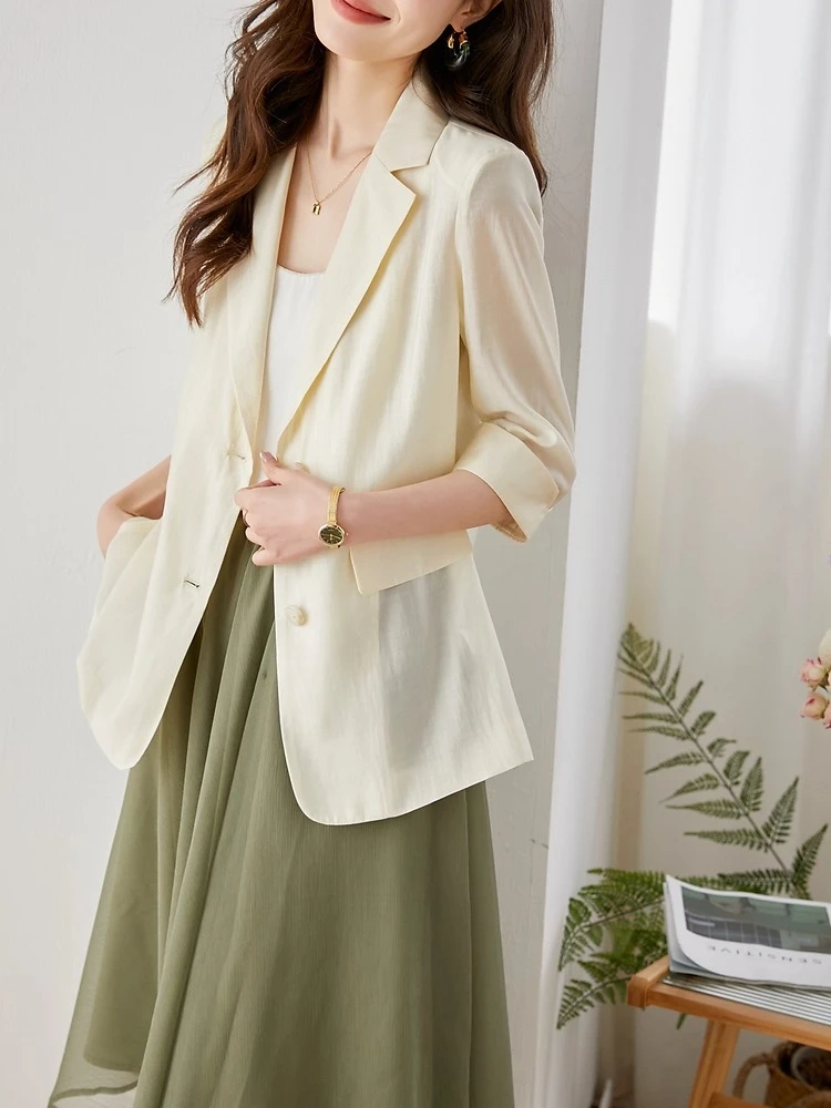 VIMLY Casual Lyocell Suit Blazer Donna 2025 Autunno Moda Trasparente Leggero Manica a tre quarti Office Ladies Blazer