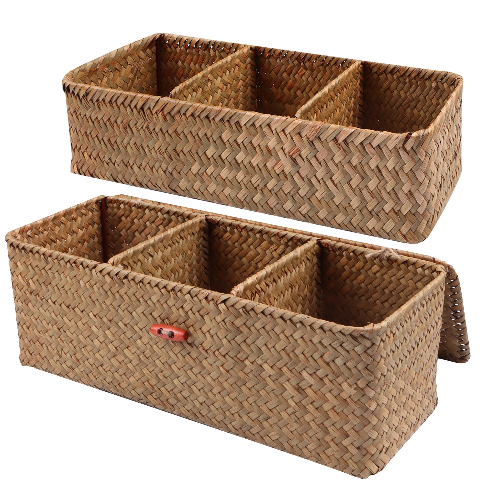 1pc Seagrass Storage Basket 3 grids Rectangular Small Woven Shelf Baskets Desktop storage box, toy snack storage box