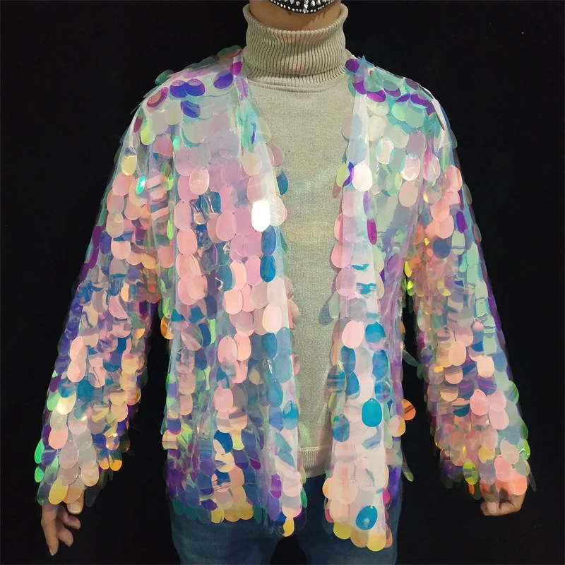 Shiny Sequin Coat Pink Blue Green Mesh Male Stage Performance Costume Club Party Show Sequined Overcoat Outfit Dance Clothes