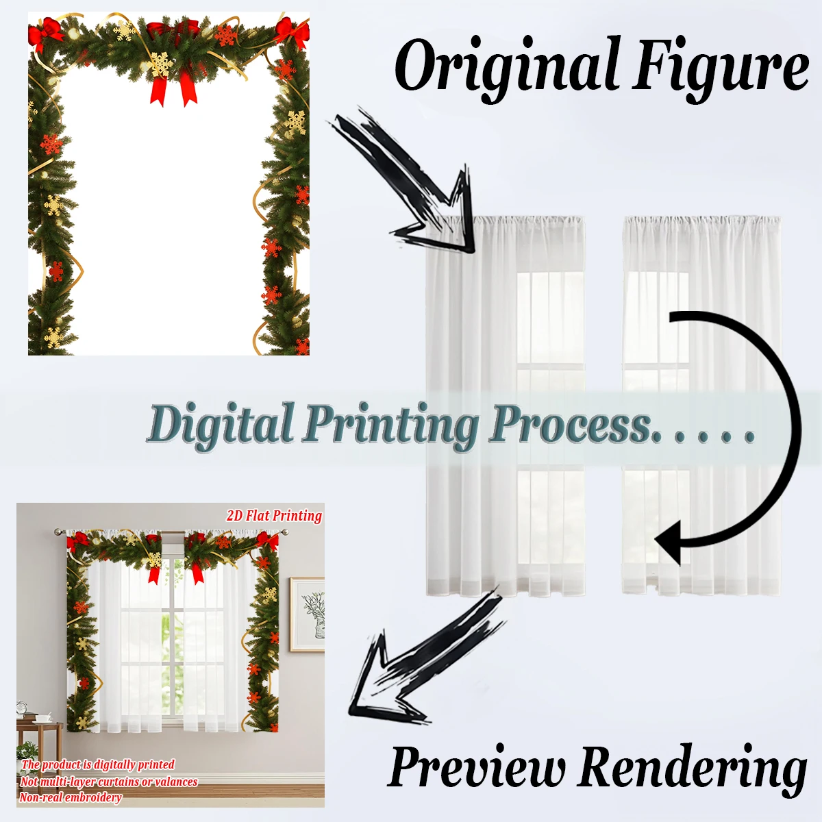 ستارة شفافة للمطبخ بطباعة مسطحة لعيد الميلاد مع زخرفة ندفة الثلج لعيد الميلاد فرع الصنوبر لحفلات ديكور المنزل في عيد الميلاد