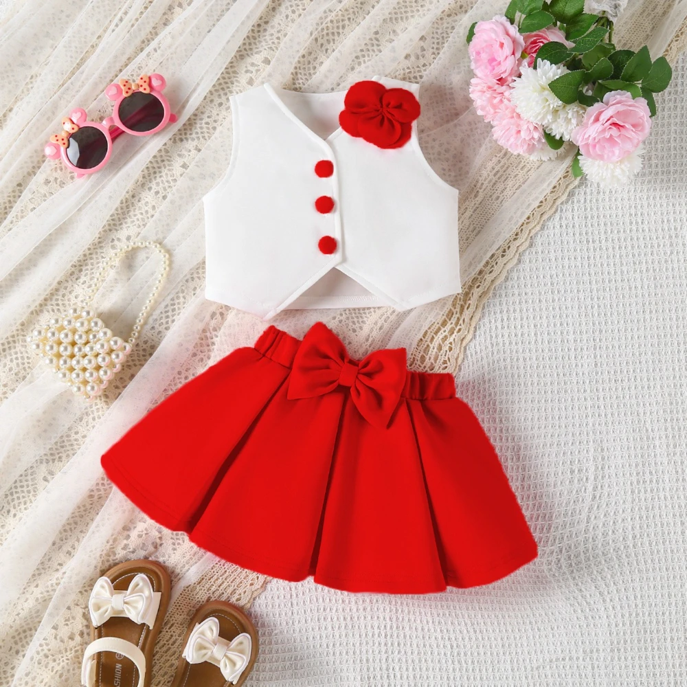 

Корейский комплект: топ без рукавов с V-образным вырезом и объемными цветочными пуговицами + юбка с бантом. Новая летняя одежда в стиле принцессы для девочек.