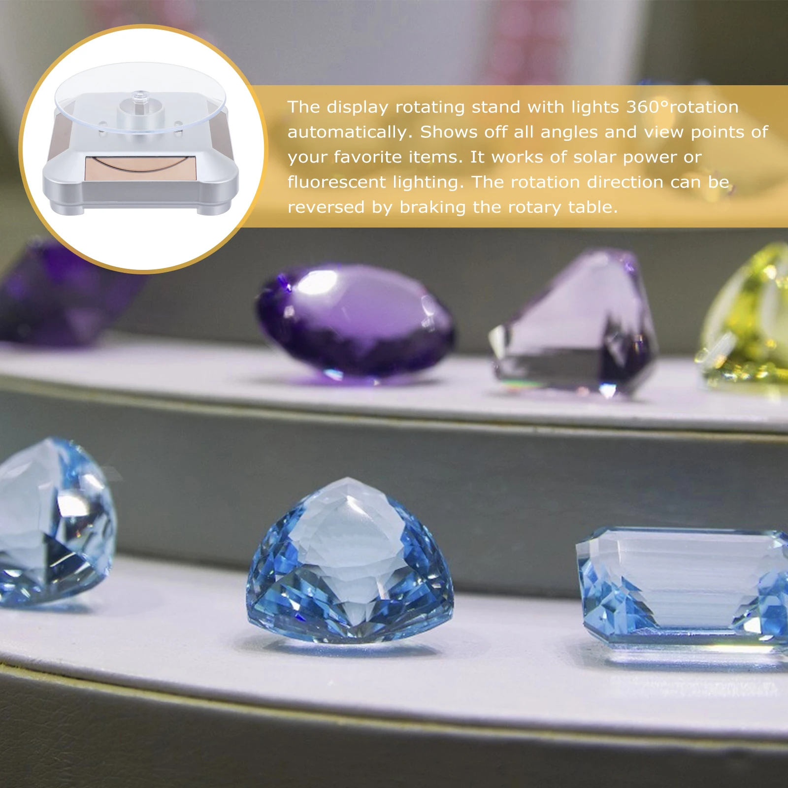 

Solar Display Stand Turntable for Jewelry Rotating Watch Plastic Rack Eye-catching