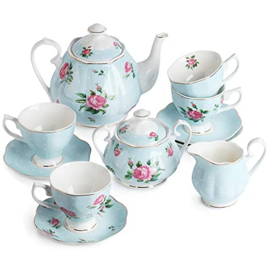 

BTaT- Floral Tea Sets for Adults 13 pcs Service for 4 Pot 38 oz and Cups (8 oz) with Saucers Pastel Floral Design Porcelain Tea