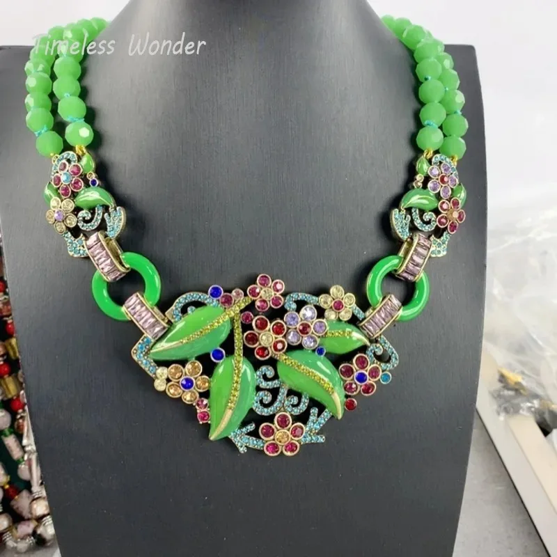 Timeless Wonder Fancy Enamel Leaf Zircon Floral Beaded Necklaces for Women Designer Jewelry Runway Luxury Rare Sweet Top 2626