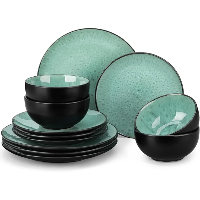 Bubble Plates and Bowls Sets - 12 Piece Dinnerware Sets Service for 4, Reactive Glaze Stoneware Tableware Set