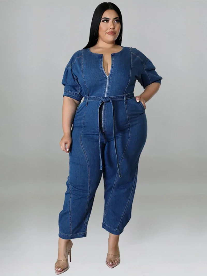 

Fashion Denim Jumpsuits for Women Summer Clothes Half Sleeve Zipper Up Jean Rompers Playsuits One Piece Catsuit Overalls Outfits