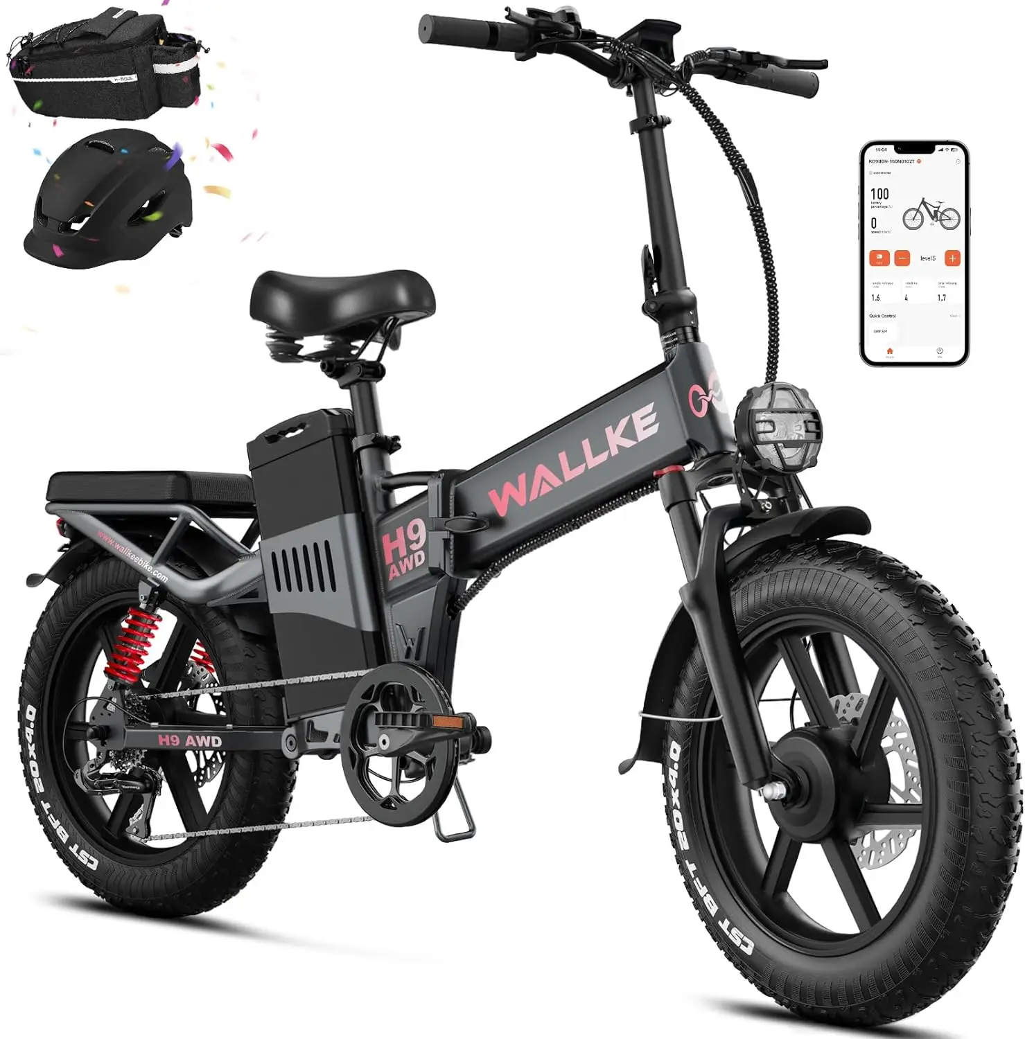 WALLKE H9 AWD Electric Bike 2000W Dual Motor Foldable E-bike 40Ah/60Ah Electric Mountain Bike 20