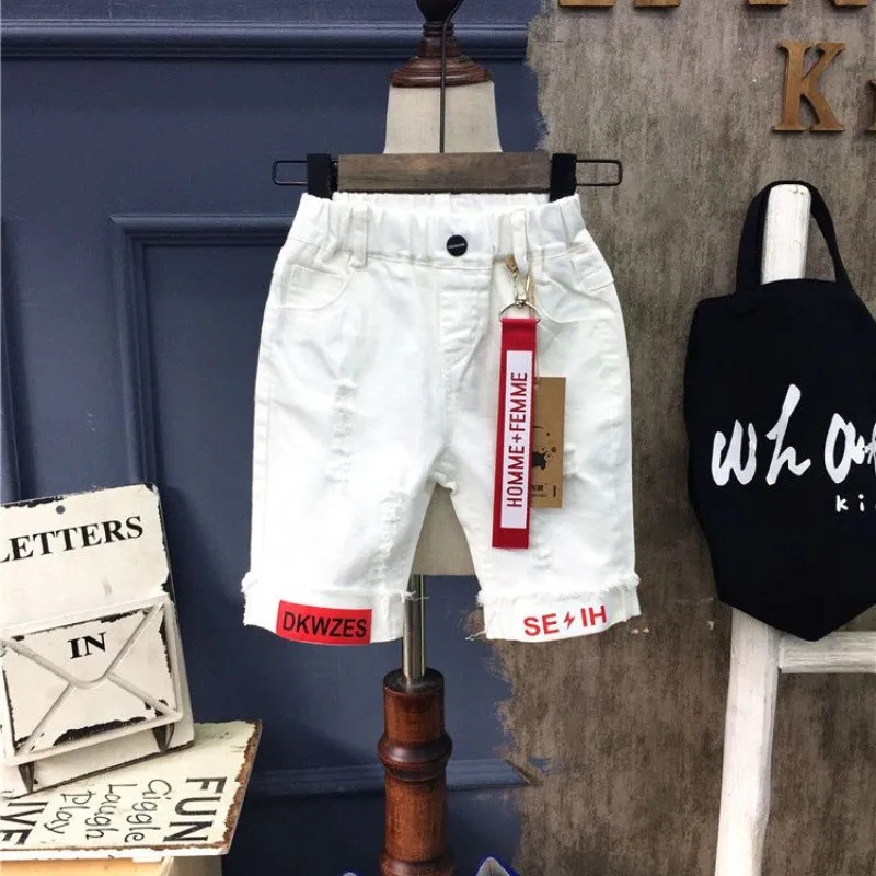 Summer children's shorts new boys' ripped jeans thin 2025 mid length cotton pants