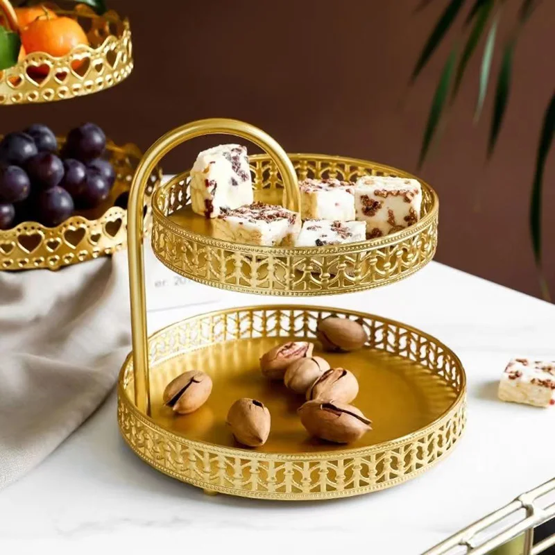 Nordic Wrought Iron Double Layer Fruit Plate Pastry Tray Organizer Candy Plate Living Room Front Desk Ornaments Home Decoration