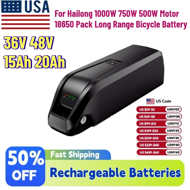 Fast Shipping New 36V 48V 15Ah 20Ah Li-ion EBike Battery for Hailong 1000W 750W 500W Motor 18650 Pack Long Range Bicycle Battery