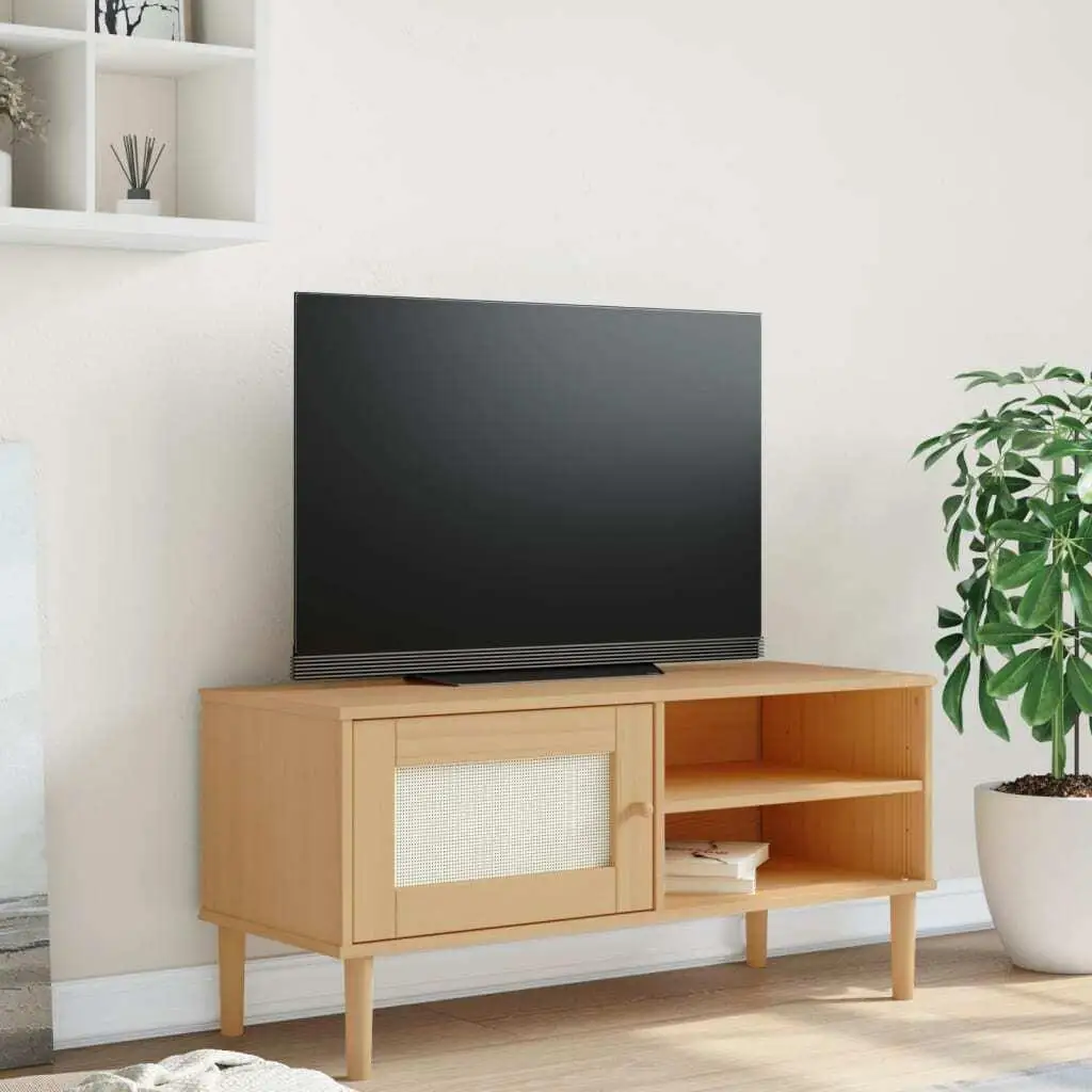 Modern SENJA Rattan-Inspired TV Cabinet - Brown Solid Pine Wood, 106x40x49cm