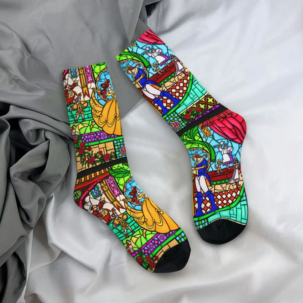 Casual Beauty And The Beast Stained Glass Soccer Socks New Polyester Long Socks for Women Men