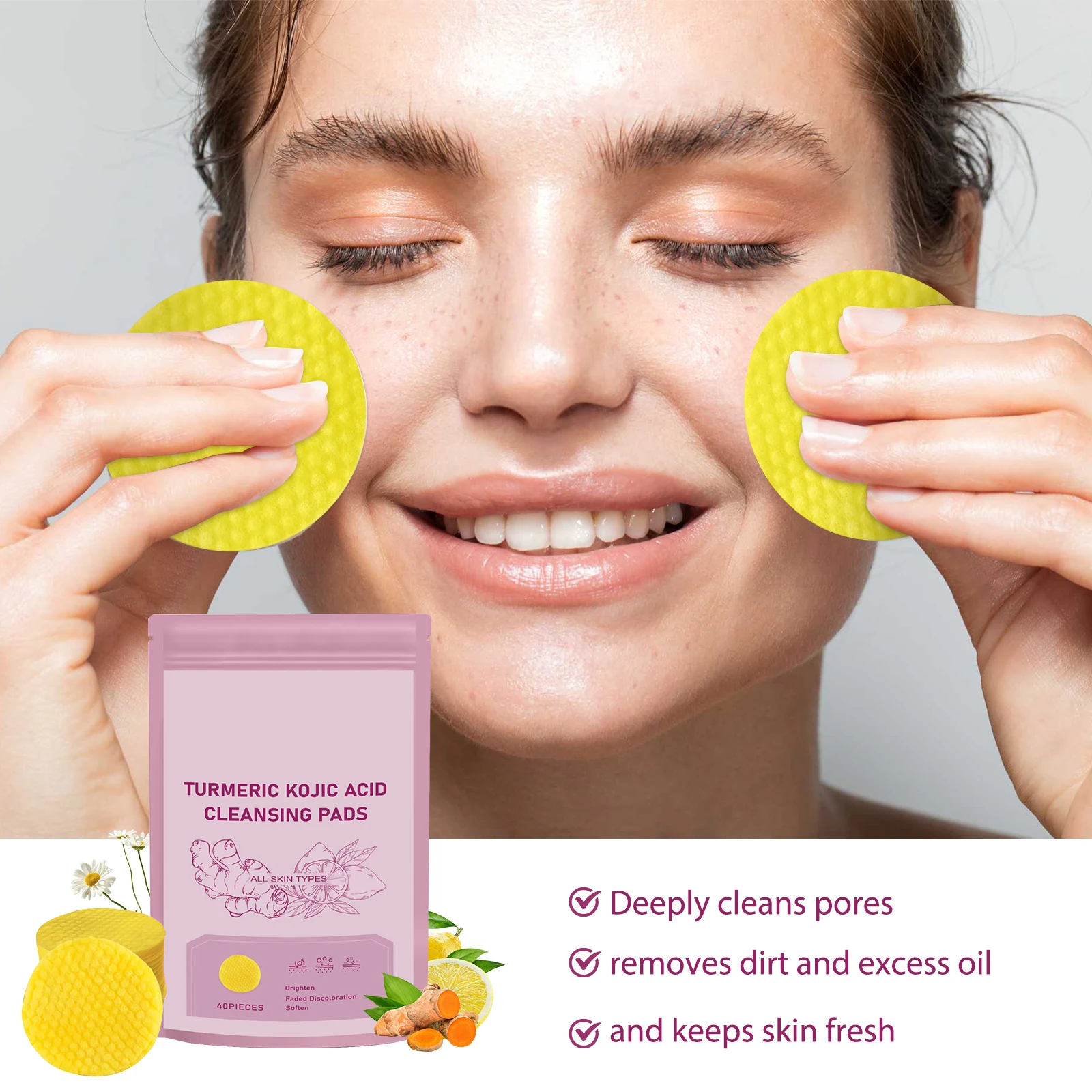 

Turmeric Kojic Acid Cleansing Pads for All Skin Types - Brighten, Fade Dark Spots, Gentle Exfoliation, 40 Pads, 5.5cm Diameter