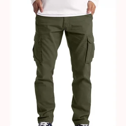Spring Autumn Solid Color Pockets Men's Clothing Elastic High Waisted Casual Retro Trousers Cargo Straight Boyfriend Pants